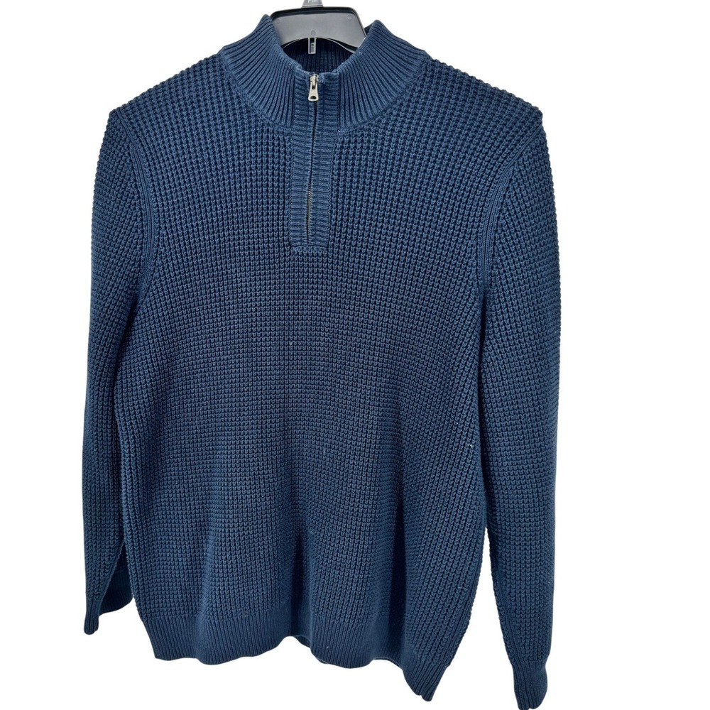 LL Bean Sweater Men's XXL Tall Navy Blue Waffle Knit 1/4 Zip Organic Cotton